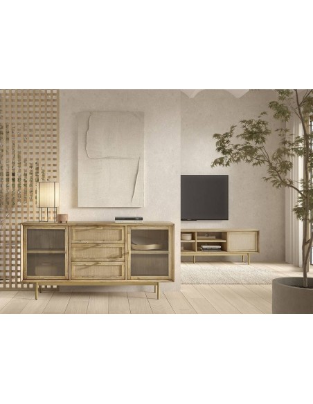 Aparador ANDES 160 x 45, madera natural y metal dorado.