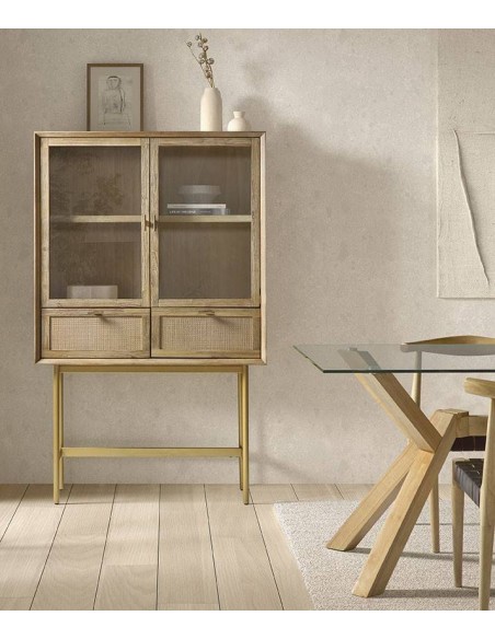 Vitrina alta en cubo ANDES 100 x 40, madera natural y metal dorado.