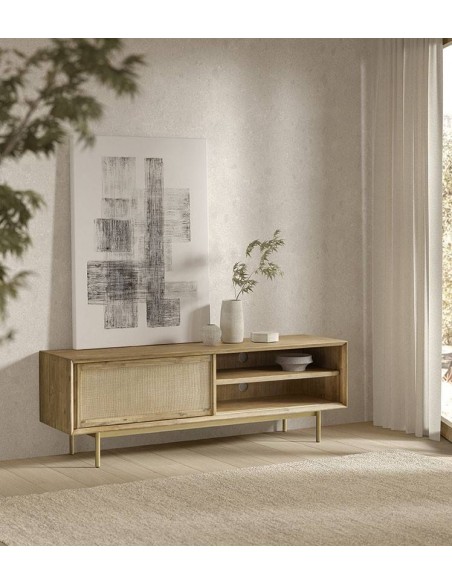Mueble TV ANDES 165 x 45, madera natural y metal dorado