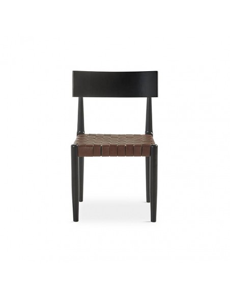 Silla Calixta de piel marron y madera con acabado en negro.