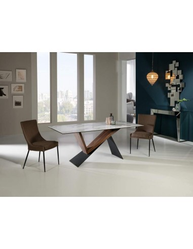 MESA de COMEDOR NOA 180x90, porcelanico, metal, nogal