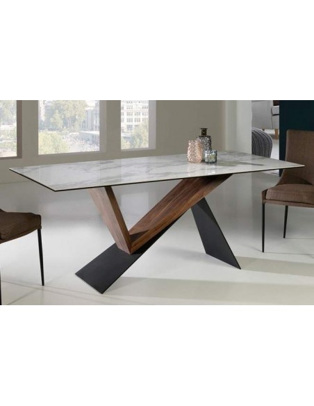 MESA de COMEDOR NOA 180x90, porcelanico, metal, nogal