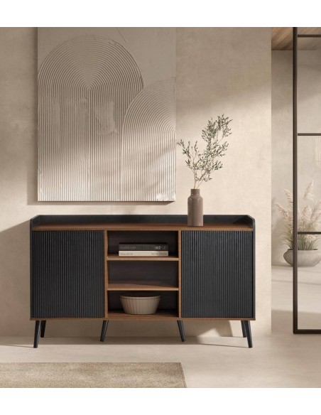 Aparador DOVER 150 x 45, melamina preto e noz, pés de madeira.