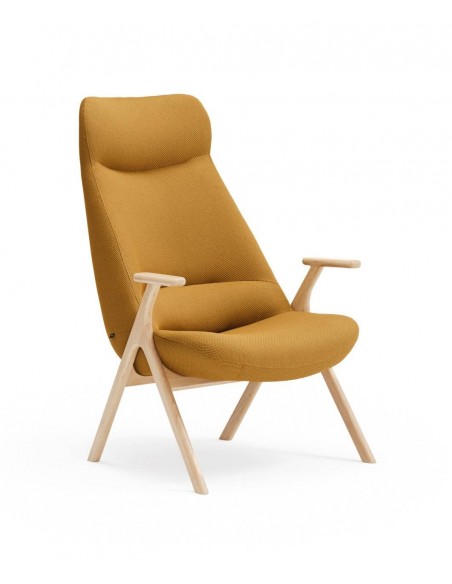 POLTRONA TEULAT DINS, TECIDO MOSTARDA e MADEIRA.