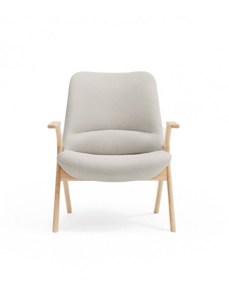 POLTRONA BAIXA TEULAT DINS, TECIDO CREME e MADEIRA.