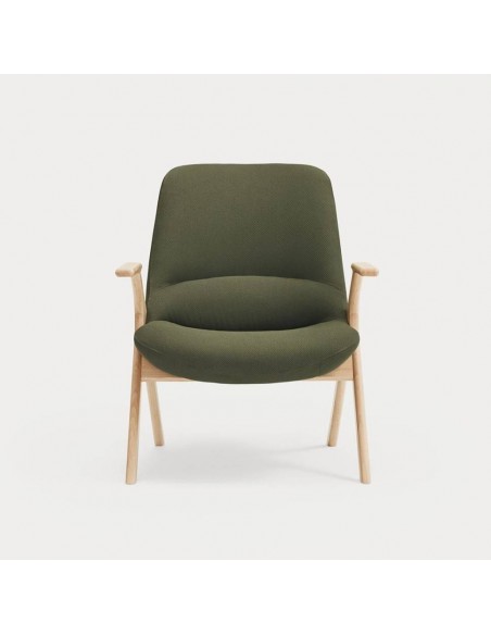 BUTACA BAJA TEULAT DINS, TEJIDO VERDE OSCURO y MADERA.