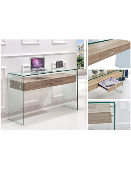 Consola MARLYN 120x40, cristal curvado y cajón de MDF melamina