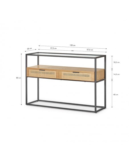 Consola recibidor KANDAS 120x35, cristal, madera natural y metal.