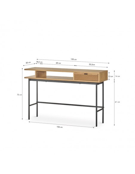 Consola de design SENA 120x30, madeira natural e metal.