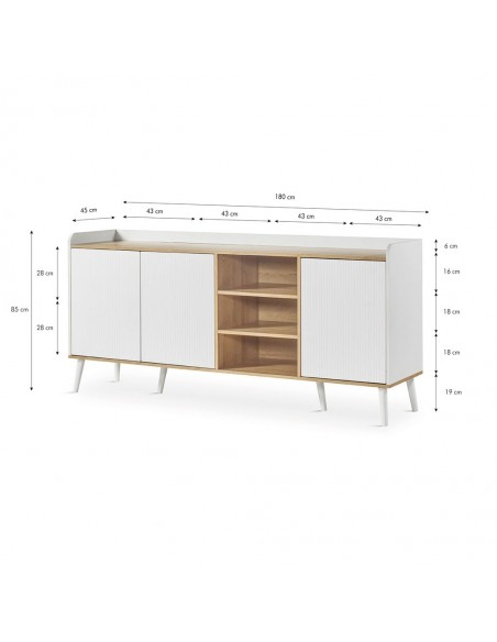 Aparador DOVER 180 x 45, melamina en blanco y roble, patas de madera.