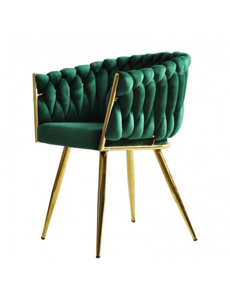 Cadeira GIO com braços, metal cromado dourado, estofamento em veludo verde escuro