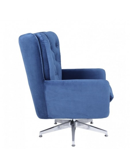 Poltrona giratória KODY em veludo azul e pernas cromadas.
