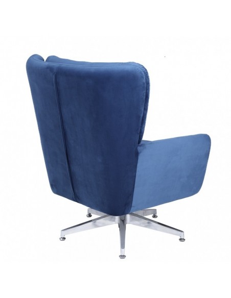 Poltrona giratória KODY em veludo azul e pernas cromadas.