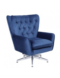 Butaca giratoria KODY de terciopelo azul y patas cromadas.