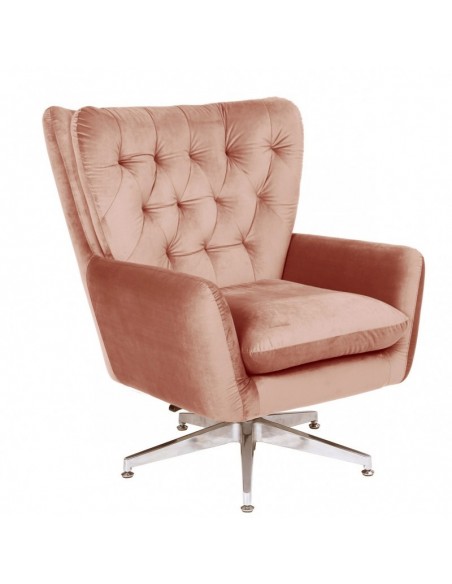 Butaca giratoria KODY de terciopelo rosa y patas cromadas.
