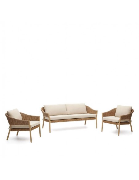 Conjunto de jardim empilhável Pola, sofá de 2 lugares e 2 poltronas de madeira de eucalipto e rattan sintético