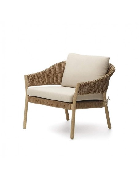 Conjunto de jardim empilhável Pola, sofá de 2 lugares e 2 poltronas de madeira de eucalipto e rattan sintético