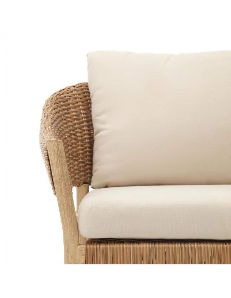 Conjunto de jardim empilhável Pola, sofá de 2 lugares e 2 poltronas de madeira de eucalipto e rattan sintético