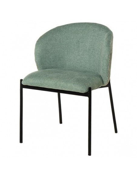 Cadeira de jantar FAINA em tecido menta, pernas em metal preto.