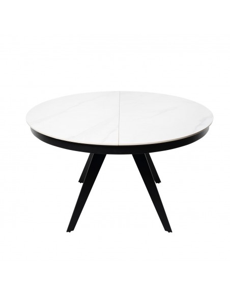 Mesa extensível redonda LUNA Ø 130 (180), porcelanico branca e metal preto.
