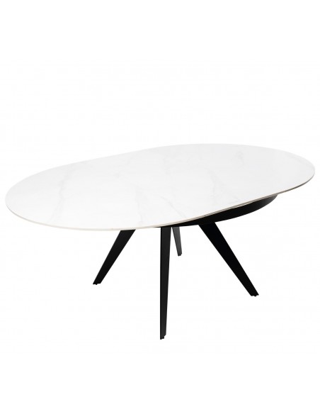 Mesa extensível redonda LUNA Ø 130 (180), porcelanico branca e metal preto.