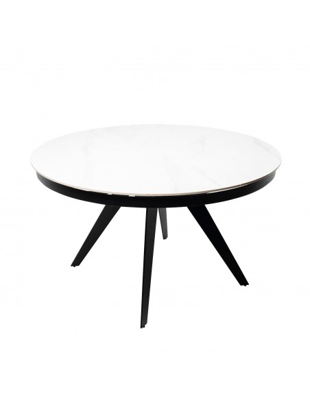 Mesa extensible redonda LUNA Ø 130 (180), porcelánico blanco y metal negro.
