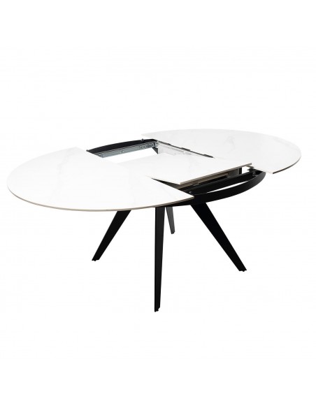 Mesa extensible redonda LUNA Ø 130 (180), porcelánico blanco y metal negro.