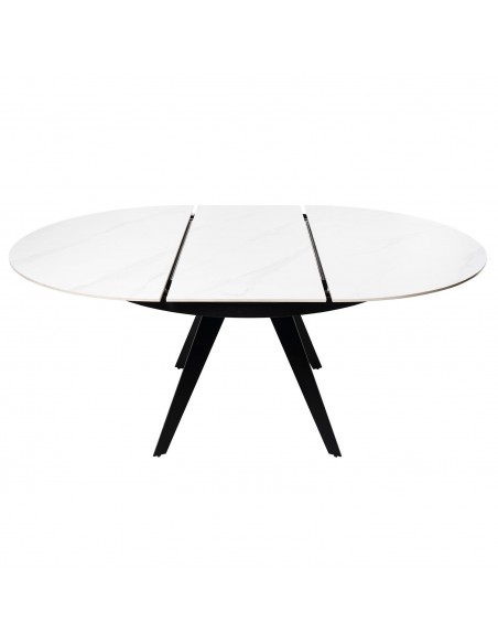 Mesa extensível redonda LUNA Ø 130 (180), porcelanico branca e metal preto.