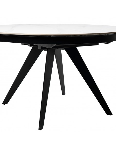 Mesa extensible redonda LUNA Ø 130 (180), porcelánico blanco y metal negro.