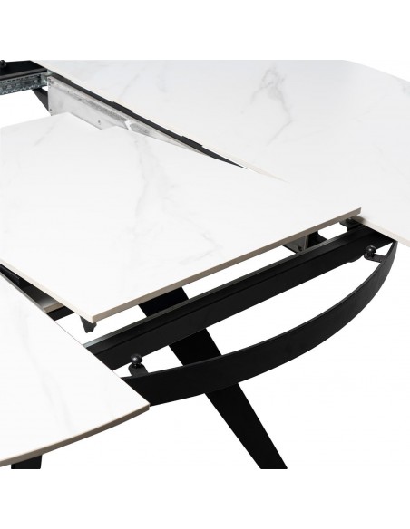 Mesa extensível redonda LUNA Ø 130 (180), porcelanico branca e metal preto.