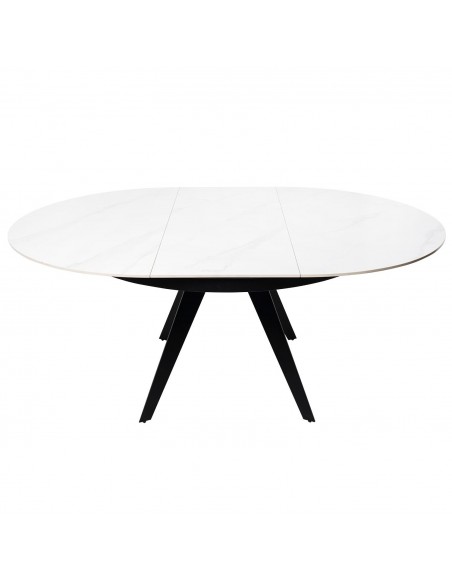 Mesa extensível redonda LUNA Ø 130 (180), porcelanico branca e metal preto.