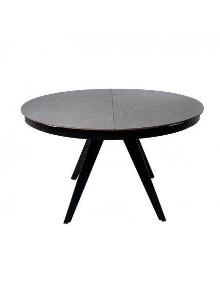 Mesa extensible redonda LUNA 130 (180), porcelánico gris y metal negro.