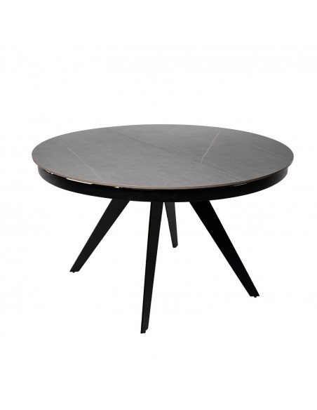 Mesa extensível redonda LUNA 130 (180), porcelánico cinza e metal preto.