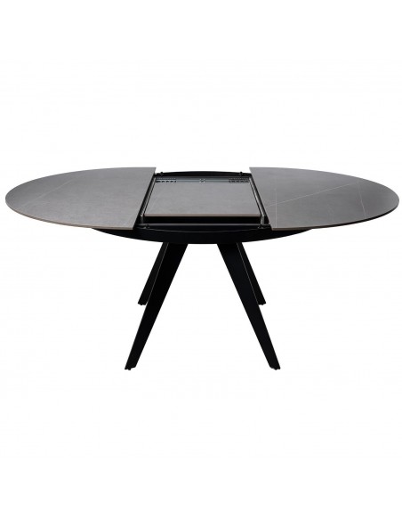 Mesa extensible redonda LUNA 130 (180), porcelánico gris y metal negro.