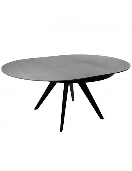 Mesa extensible redonda LUNA 130 (180), porcelánico gris y metal negro.