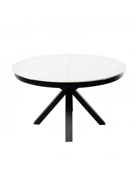 Mesa extensível redonda ZURI Ø 130 (180), porcelánico Branco e metal preto.