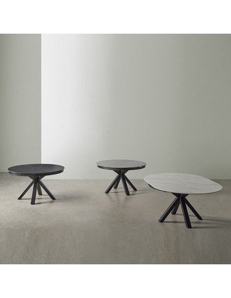 Mesa extensível redonda ZURI Ø 130 (180), porcelánico Branco e metal preto.