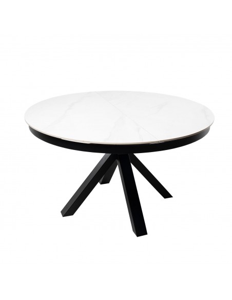Mesa extensible redonda ZURI Ø 130 (180), porcelánico Blanco y metal negro.