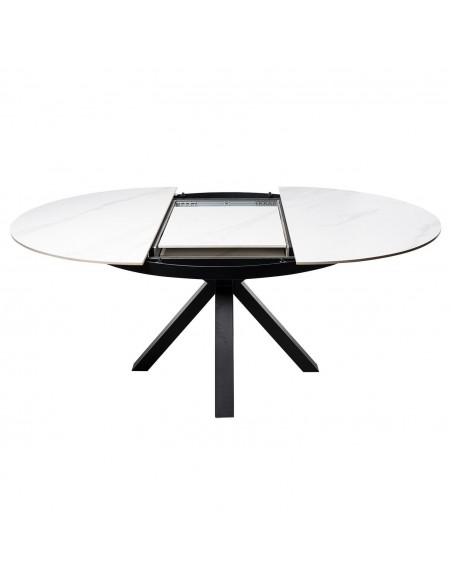 Mesa extensível redonda ZURI Ø 130 (180), porcelánico Branco e metal preto.