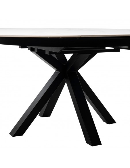 Mesa extensível redonda ZURI Ø 130 (180), porcelánico Branco e metal preto.