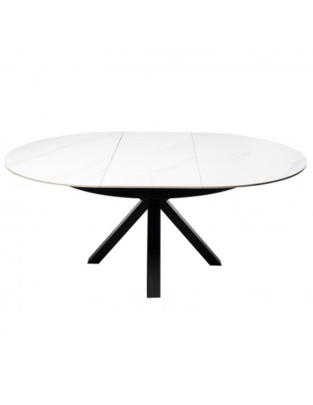 Mesa extensível redonda ZURI Ø 130 (180), porcelánico Branco e metal preto.