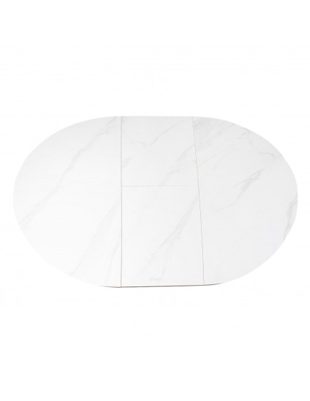Mesa extensível redonda ZURI Ø 130 (180), porcelánico Branco e metal preto.