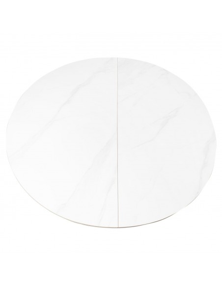 Mesa extensível redonda ZURI Ø 130 (180), porcelánico Branco e metal preto.