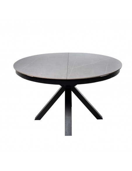 Mesa extensible redonda ZURI Ø 130 (180), porcelánico gris y metal negro.