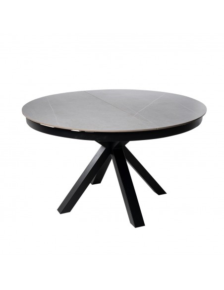 Mesa extensible redonda ZURI Ø 130 (180), porcelánico gris y metal negro.