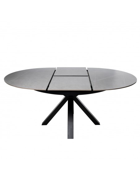 Mesa extensible redonda ZURI Ø 130 (180), porcelánico gris y metal negro.