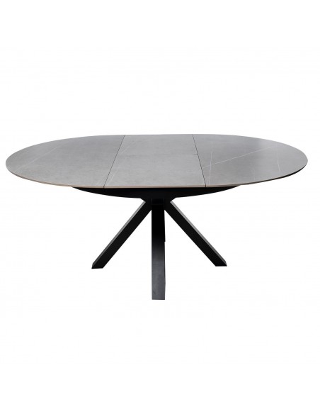 Mesa extensible redonda ZURI Ø 130 (180), porcelánico gris y metal negro.