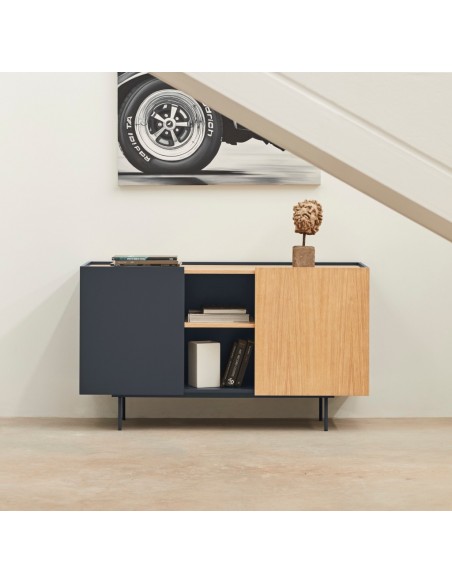 Teulat aparador OTTO 130 x 45. MDF gris antracita y roble, base de metal.