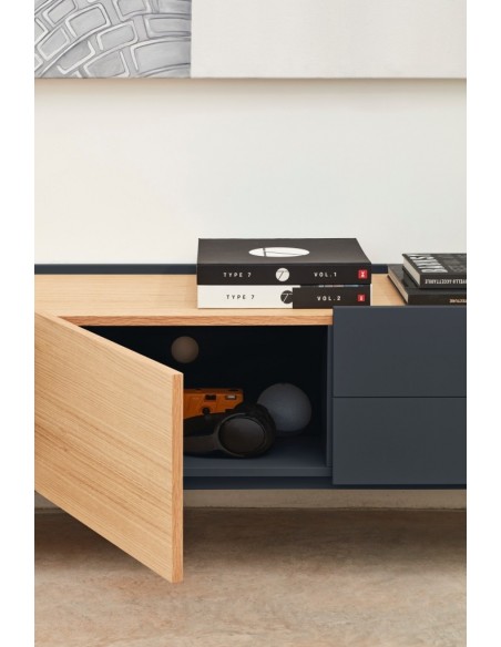 Móvel TV Teulat OTTO 180 x 40, MDF lacado cinza antracite e carvalho.