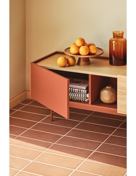 Teulat mueble de Tv OTTO 180 x 40, MDF lacado teja y roble.